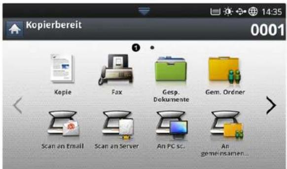 Kopierbereit 0001 Kople Fax Gesp. Dokumente Gem. Ordner Scan an Email Scan an Server An PC sc. An gemeinsamen...