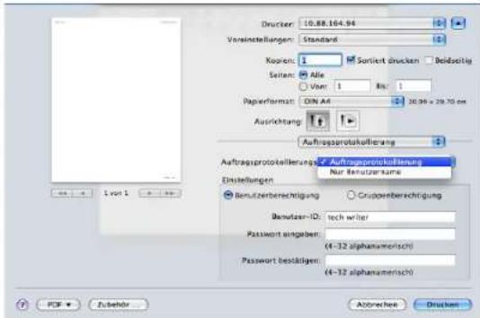 Drucker: 10.88.164.94 Vorsingstellungen: Standard Kopren: 1 Sorlert drucken Beidestig Seiten: Afe Vorr: 1 Bz: 1 Paperformat: DIN A4 30.99 x 29.70 cm Ausrichtung: Auftragsprotokellierung Auftragsprotokellierung Auftragsprotokellierung Nur Benutzerkunde Einstellungen Benutzerberechtigung Gruppenberechtigung Benutzer-ID: tech writer Password eingeben: (4-32 alphanamersch) Password bestätigen: (4-32 alphanamersch) 1 von 1
