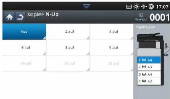 Kopie> N-Up Aus 2 auf 4 auf 6 auf 8 auf 9 auf 16 auf 18 auf 32 auf Paperzufahrte 1 A4 2 A3 3 A4 4 A3