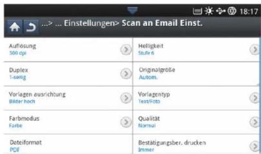 Auflösung 300 dpi Duplex 1-digit Vorlagen ausrichtung Bilder hoch Farbmodus Farbe Dateiformat PDF Helligkeit Stufe 6 Originalgroße Autom. Vorlagentyp Text/Foto Qualität Normal Bestätigungsber, drucken Immer
