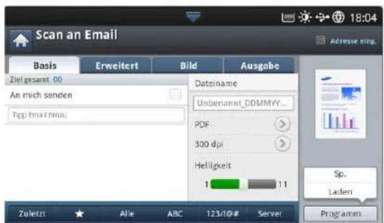 Scan an Email Basis Erweitert Bild Ausgabe Ziel gesamt 00 An mich senden Tpp Email Binus Datename Unbenannt_DDMMYY... PDF 300 dpi Helligkeit 1 1.1 Sp. Laden Programm Zuletzt Alle ABC 123/10# Server