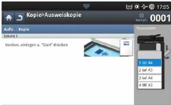 Kopie>Ausweiskopie Auftr. : Kopie Schritt 1 Vorders. einlegen u. "Start" drücken 0001 Paperzuhrer 1 lat A4 2 A3 3 A4 4 A3
