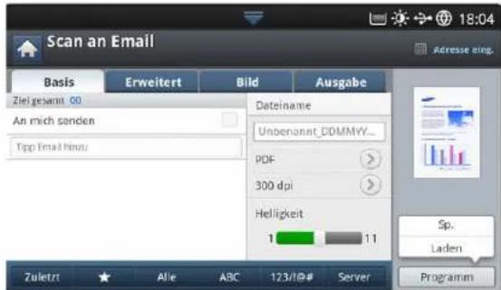 Scan an Email Basis Erweitert Bild Ausgabe Ziel gesamt 00 An mich senden Tipp Email hinsu Datename Unbenannt_DOMMYY_ PDF 300 dpi Helligkeit 1 11 Sp. Laden Programm Zuletzt Alle ABC 123/19# Server