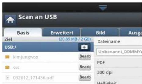 Scan an USB Basis Erweitert Bild Ausga Ziel (20.89 MB / 2 GB) USB:/ kimjungwoo Bearb sss Bearb 032012_171436.pdf Bearb Dateiname Unbenannt_DDMMYV PDF 300 dpi Helligkeit