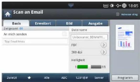 Scan an Email Basis Erweitert Bild Ausgabe Zeitgesamt 00 An mich senden Tip: Email hinsu Datename Unbenannt_DDMMYY... PDF 300 dpi Helligkeit 1 11 Zuletzt Alle ABC 123/## Server Programm