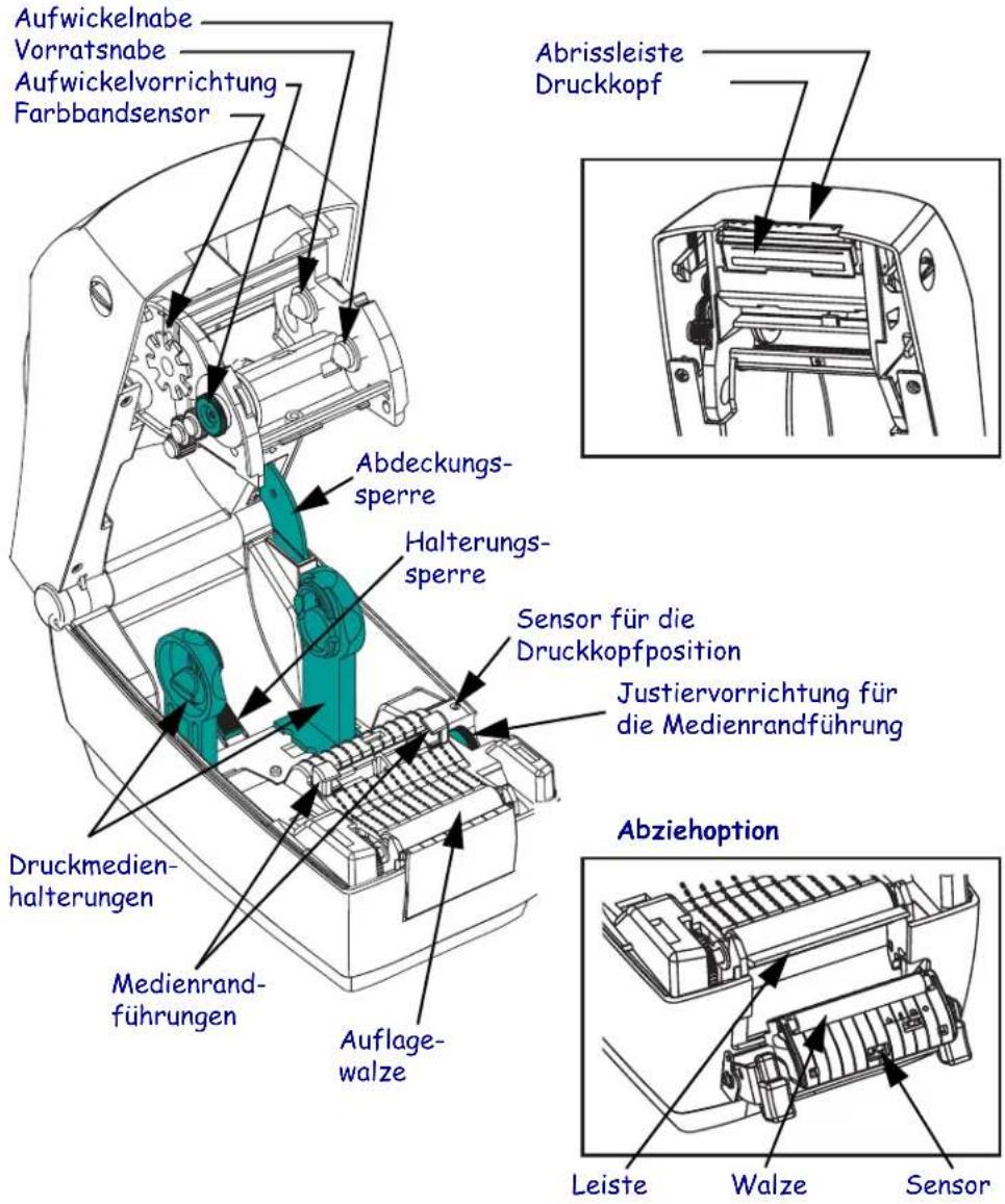 Aufwickelnabe Vorratsnabe Aufwickelvorrichtung Farbbandsensor Abdeckungs- sperre Halterungs- sperre Sensor für die Druckkopfposition Justiervorrichtung für die Medienrandführung Druckmedien- halterungen Medienrand- führungen Auflag- walze Abrissleiste Druckkopf Abzieoption Leiste Walze Sensor