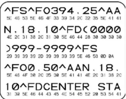 ^FS^F0394.25^AA 5E 46 53 5E 46 4F 33 39 34 2C 32 35 5E 41 41 N,18,10^FD(0000) 4E 2C 31 38 2C 31 30 5E 46 44 28 30 30 30 30 )999-9999^FS 29 39 39 39 2D 39 39 39 39 5E 46 53 0D 0A ^FO0.50^AAN.18. 5E 46 4F 38 2C 35 30 5E 41 41 4E 2C 31 38 2C 10^FDCENTER STA 31 30 5E 46 44 43 45 4E 54 45 52 20 53 54 41