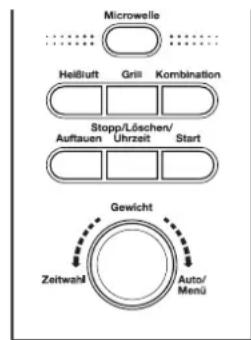 Microwelle Heilbluft Grill Kombination Stopp/Löschen/ Auftauen Uhrzeit Start Gewicht Zeitwahl Auto/ Menü