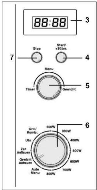 88:88 Stop Start/ +305ek. 7 Menu Timer Gewicht 5 6 Grill/ Kombi. Uhr Zeit Auftauen Gewicht Auftauen Auto Menu 200W 300W 400W 500W 600W 800W 700W