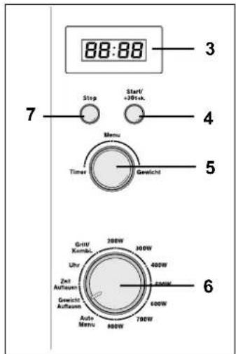 88:88 Stop Start/30Hz. Menu Timer Gewicht 7 4 5 6 30W 30W 40W 250W 30W 30W 40W 600W Auto Menu 800W 700W