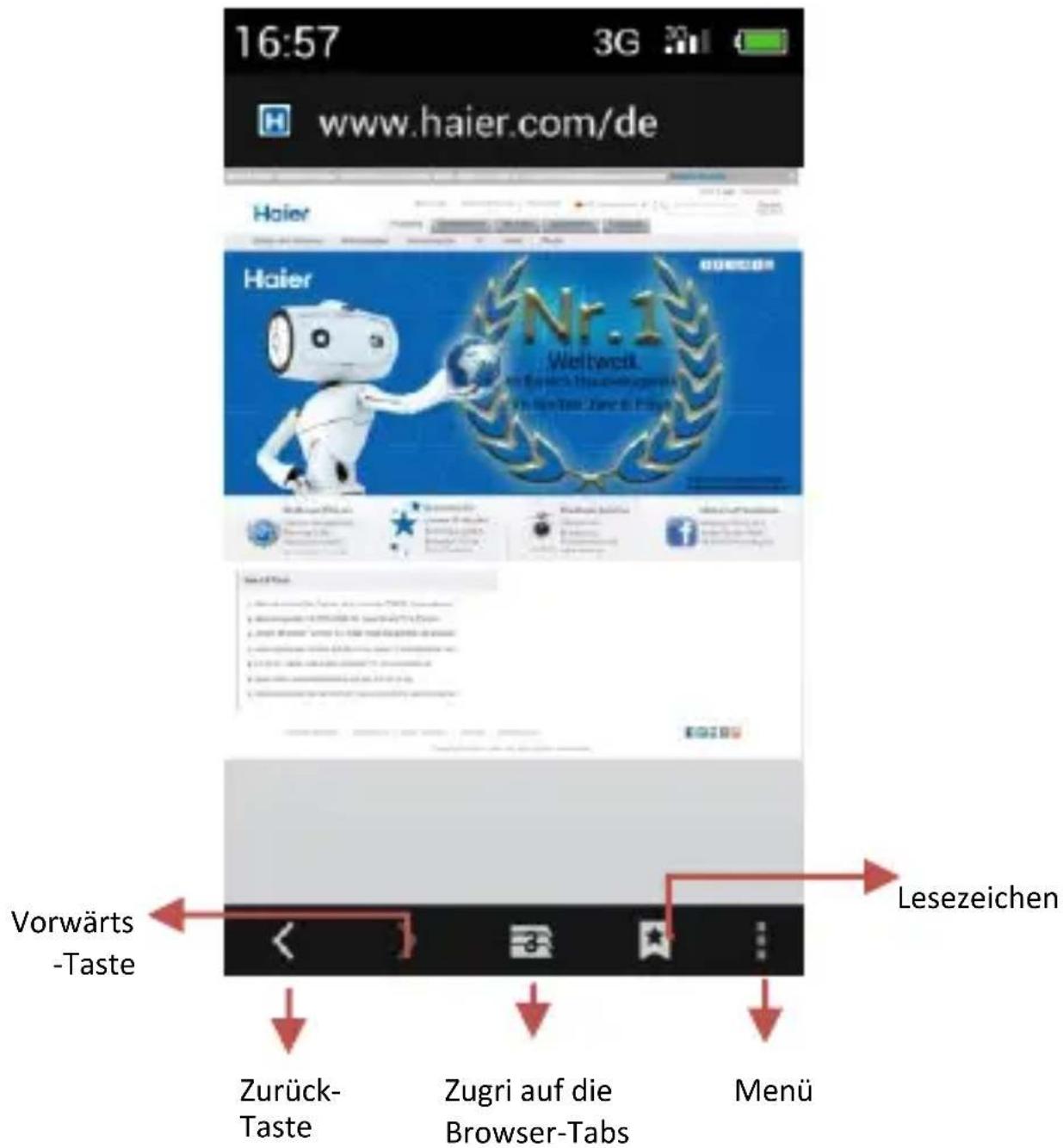 16:57 www.haier.com/de Haier Haier Nr.1 Weltweil Vorwärts -Taste Zurück- Taste Zugri auf die Browser-Tabs Menü Lesezeichen