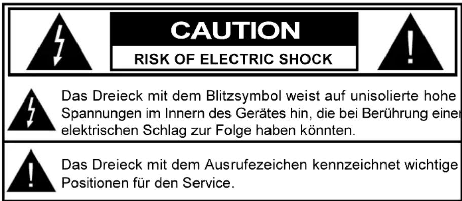 CAUTION RISK OF ELECTRIC SHOCK Das Dreieck mit dem Blitzsymbol weist auf unisolierte hohe Spannungen im Innern des Gerätes hin, die bei Berührung einer elektrischen Schlag zur Folge haben könnten. Das Dreieck mit dem Ausrufezeichen kennzeichnet wichtige Positionen für den Service.