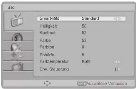 Bild Smart-Bild Standard Helligkeit 50 Kontrast 52 Farbe 53 Farbton 0 Schärfe 5 Farbtemperatur Kühl Erw. Steuerung II EXITAuswahlen Verlassen