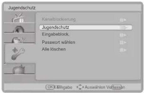Jugendschutz Kanaiblockierung Jugendschutz Eingabablock. Password wählen Alle löschen OK Eingabe • Auswählen Verlassän