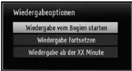 Wiedergabeoptionen Wiedergabe vom Beginn starten Wiedergabe fortsetzen Wiedergabe ab der XX Minute