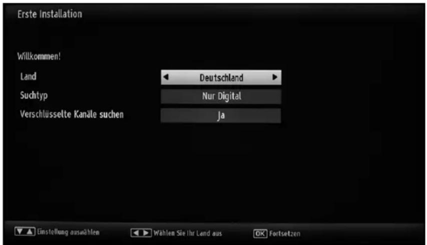 Erste Installation Willkommen! Land Deutschland Suchtyp Nur Digital Verschlüsselte Kanäle suchen Ja Einstellung auswählen Wählen Sie Ihr Land aus OK Fortsetzen