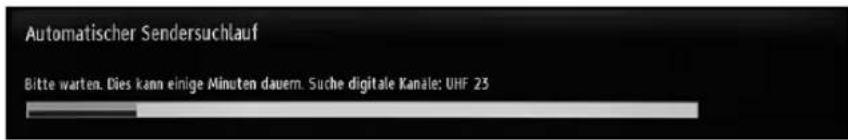 Automatischer Sendersuchlauf Bitte warten. Dies kann einige Minuten dauern. Suche digitale Kanale: UHF 23