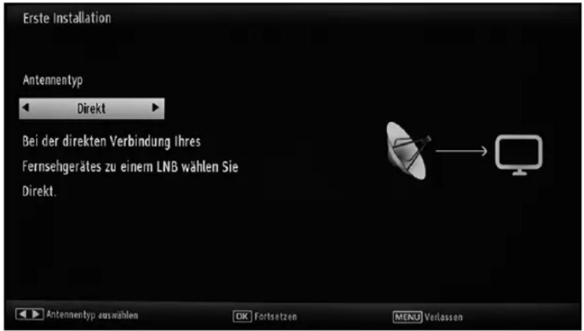 Erste Installation Antennentyp Direkt Bei der direkten Verbindung Ihres Fernsehgerätes zu einem LNB wählen Sie Direkt. Antennentyp auswählen OK Fortsetzen MENU Verlassen