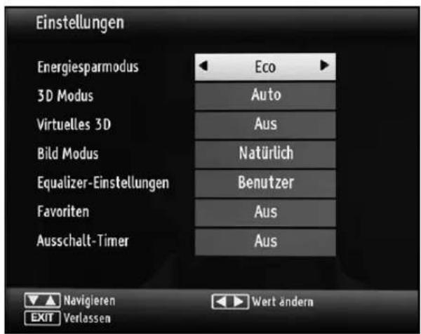 Einstellungen Energiesparmodus 3D Modus Virtuelles 3D Bild Modus Equalizer-Einstellungen Favoriten Ausschalt-Timer Eco Auto Aus Natürlich Benutzer Aus Aus Navigieren Exit Verlassen Wert ändern
