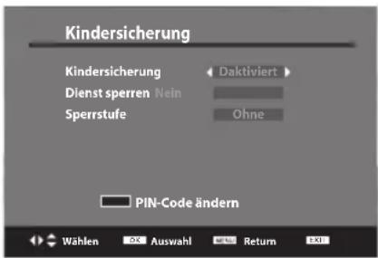 Kindersicherung Kindersicherung Daktiviert Dienst sperren Nein Sperrstufe Ohne PIN-Code ändern Wählen Auswahl Return