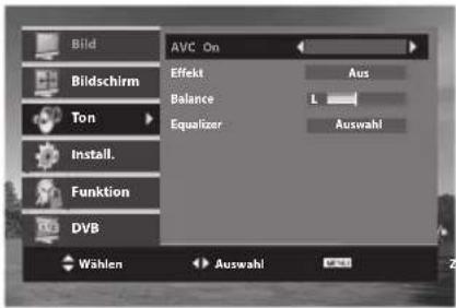 Bild Bildschirm Ton Install. Funktion DVB AVC On Effekt Balance Equalizer Aus Auswahl Wählen Auswahl