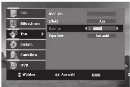 Bild Bildschirm Ton Install. Funktion DVB AVC On Effekt Balance Equalizer Aus Auswahl Wählen Auswahl