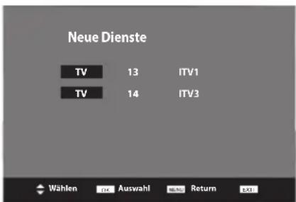 Neue Dienste TV 13 ITV1 TV 14 ITV3 Wählen OK Auswahl NET Return EXI