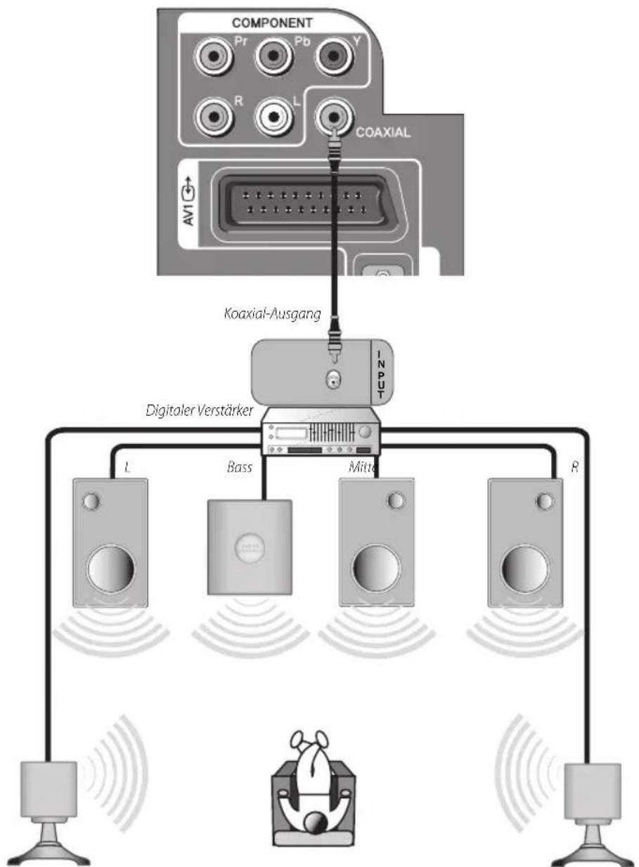 graph TD A["COMPONENT"] --> B["AVI"] B --> C["Koaxial-Ausgang"] C --> D["UNIT"] D --> E["Digitoler Verstärker"] E --> F["L"] E --> G["Bass"] E --> H["Mittler"] E --> I["R"] J["Audio Robot"] --> K["Ground"]