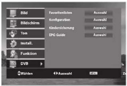 Bild Bildschirm Ton Install. Funktion DVB Favoritelisten Konfiguration Kindersicherung EPG-Guide Auswahl Auswahl Auswahl Auswahl Auswahl Wählen Auswahl