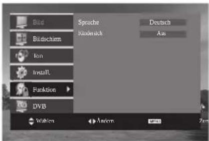 Bild Bildschirm Ton Install. Funktion DVB Sprache Kindersicht Deutsch Aus Wählen Ändern Zum
