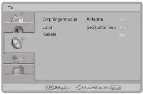TV Empfängermodus Antenna Land Großbritannien Kanäle OKÉ Rößgabe Auswählen Verlässen