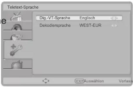Teletext-Sprache Dig.-VT-Sprache Englisch Dekodiersprache WEST-EUR EXITAuswählen Verlass