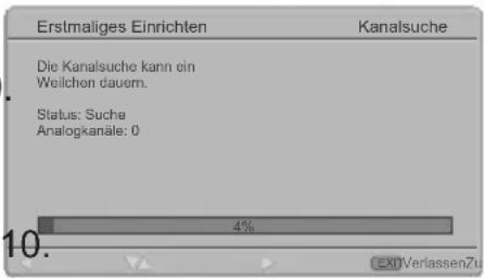 Erstmaliges Einrichten Kanalsuche Die Kanalsuche kann ein Weilchen dauern. Status: Suche Analogkanäle: 0 4% 10. EXITVerlassenZu