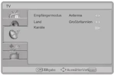 TV Empfängermodus Antenna Land Großbritannien Kanäle OK-Efligabe AuswählenVerlässen