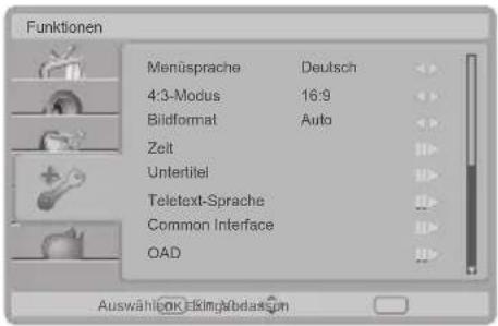 Funktionen Menüsprache Deutsch 4:3-Modus 16:9 Bildformat Auto Zeit Untertitel Teletext-Sprache Common Interface OAD Auswählten Einklungsabdassim
