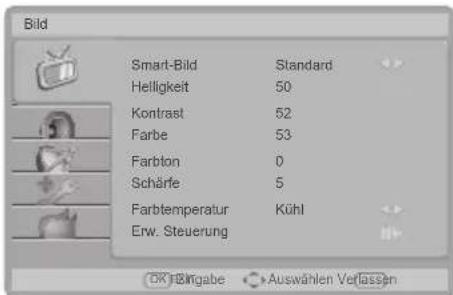 Bild Smart-Bild Standard Helligkeit 50 Kontrast 52 Farbe 53 Farbton 0 Schärle 5 Farbtemperatur Kühl Erw. Steuerung OK 18ngabe Auswahlen Verlassen