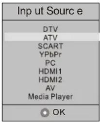 Input ut Source DTV ATV SCART YPbPr PC HDMI1 HDMI2 AV Media Player OK