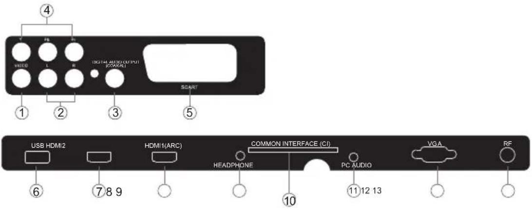 4 VIDEO L R DIGITAL AUDIO OUTPUT (COMINAL) SCART ① ② ③ ⑤ USB HDMI2 HDMI1(ARC) COMMON INTERFACE (CI) HEADPHONE PC AUDIO VGA RF ⑥ ⑦ 8 9 ⑩ ⑪ 12 13