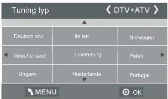 Tuning typ < DTV+ATV > Deutschland Italien Norwegen Griechenland Luxemburg Polen Ungarn Niederlande Portugal MENU OK