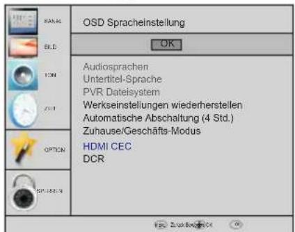 KANAL BLD ICM ZUT OPTION SINJEREN OSD Spracheinstellung OK Audiosprachen Untertitel-Sprache PVR Dateisystem Werkseinstellungen wiederherstellen Automatische Abschaltung (4 Std.) Zuhause/Geschäfts-Modus HDMI CEC DCR