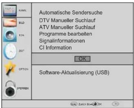 KANKL BILD TON ZEIT OPTION SPERREN Automatische Sendersuche DTV Manueller Suchlauf ATV Manueller Suchlauf Programme bearbeiten Signalinformationen CI Information OK Software-Aktualisierung (USB) Zurück Screw, OK