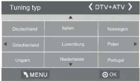 Tuning typ < DTV+ATV > Deutschland Italien Norwegen Griechenland Luxemburg Polen Ungarn Niederlande Portugal MENU OK
