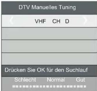 DTV Manuelles Tuning VHF CH D Drücken Sie OK für den Suchlauf Schlecht Normal Gut
