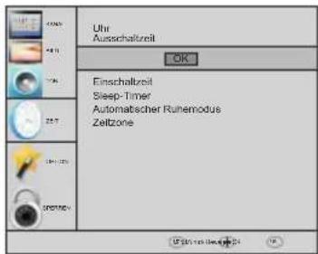 Uhr Ausschaltzeit OK Einschaltzeit Sleep-Timer Automatischer Rumemodus Zeitzone