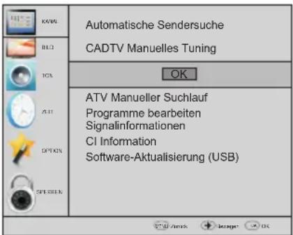 AUTOMatische Sendersuche CADTV Manuelles Tuning OK ATV Manueller Suchlauf Programme bearbeiten Signalinformationen CI Information Software-Aktualisierung (USB)