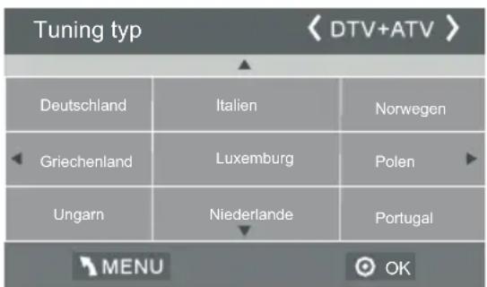 Tuning typ < DTV+ATV > Deutschland Italien Norwegen Griechenland Luxemburg Polen Ungarn Niederlande Portugal MENU OK