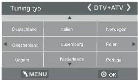 Tuning typ < DTV+ATV > Deutschland Italien Norwegen Griechenland Luxemburg Polen Ungarn Niederlande Portugal MENU OK