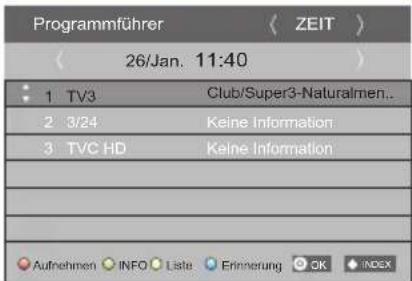 Programmführer ZEIT 26/Jan. 11:40 1 TV3 Club/Super3-Naturalmen.. 2 3/24 Keine Information 3 TVC HD Keine Information Aufnehmen INFO Liste Erinnerung OK INDEX