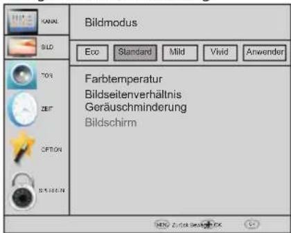 Bildmodus Eco Standard Mild Vivid Anwender Farbtemperatur Bildseitenverhältnis Geräuschminderung Bildschirm