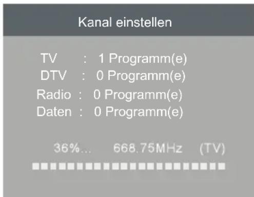 Kanal einstellen TV : 1 Programm(e) DTV : 0 Programm(e) Radio : 0 Programm(e) Daten : 0 Programm(e) 36%... 668.75MHz (TV)
